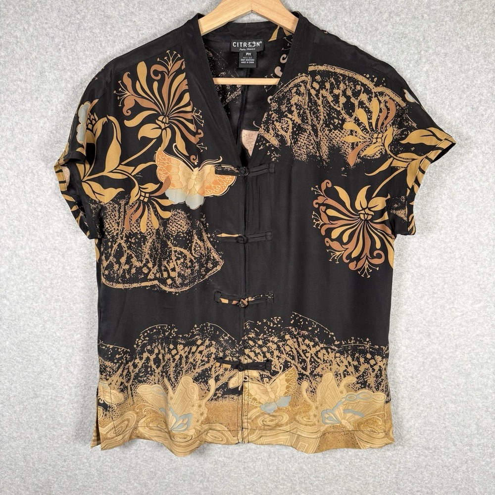 Citron Santa Monica Silk Blouse Womens Petite Medium Black Butterfly